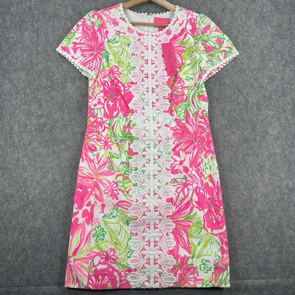 Lilly Pulitzer Maisie Stretch Shift Dress Womens 6 Floral Lace Trim Resort White - Picture 2 of 16